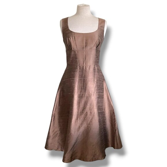 Lynn Lugo Womens Dress Sz 8 Brown Thai Silk Fit & Flare Midi USA Made Cocktail - Picture 1 of 6